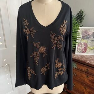Johnny Was Black Long Sleeve with Gold Floral Embroidery